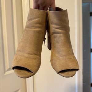 Tan Suede Peep Toe Ankle Boots